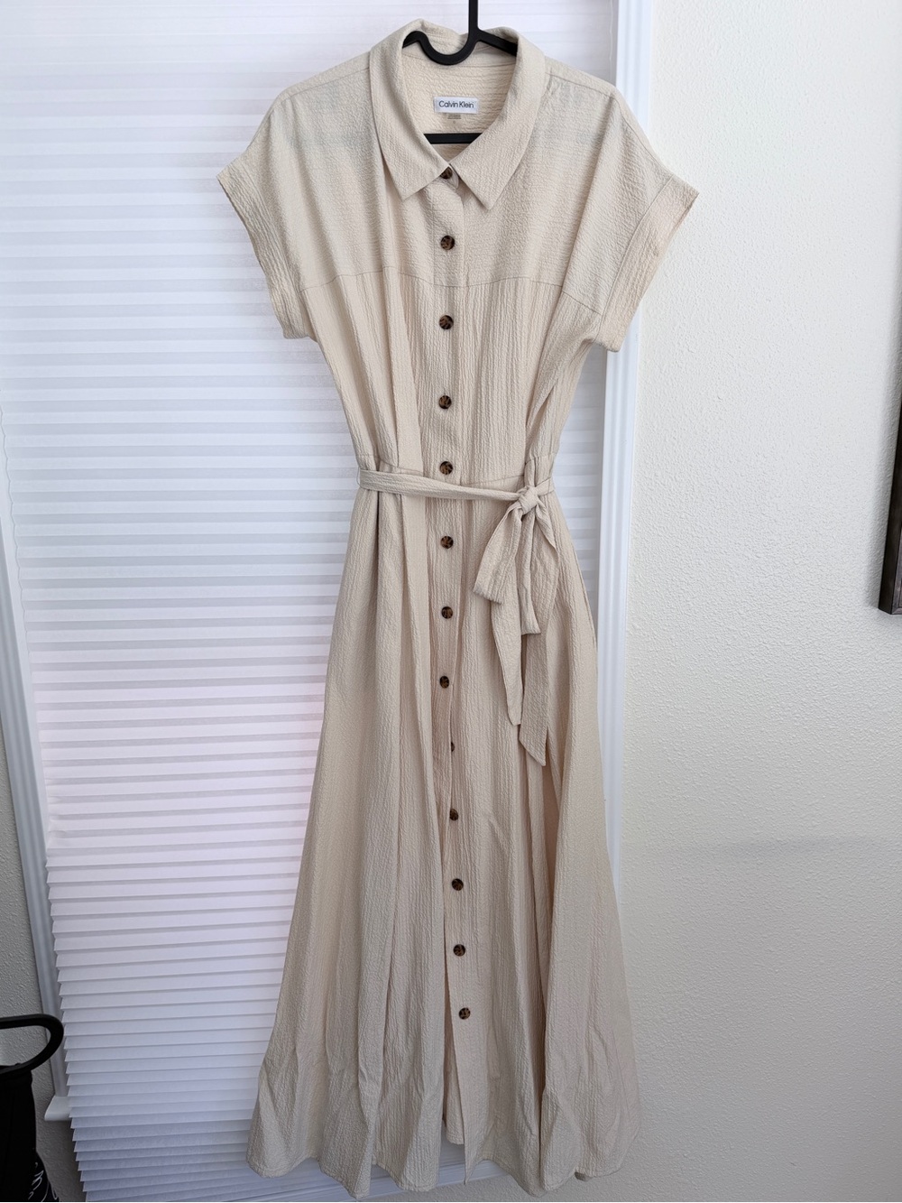 Calvin Klein Beige Button-Front Shirt Maxi Dress with Tie Waist